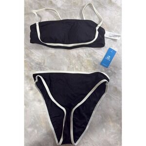 Cupshe Black‎ and White Trim Ribbed Bikini Set Swimsuit Beach Summer M